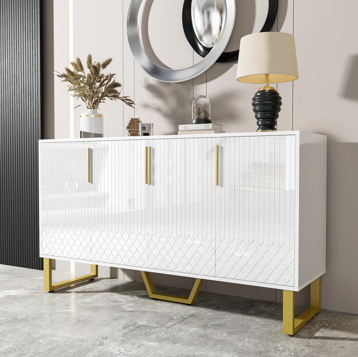 SIDEBOARD 140/40/80 cm in Weiß Hochglanz mit 4 Türen & Metallbeinen - Weiß, Holzwerkstoff (140/80/40cm) - BEAOK