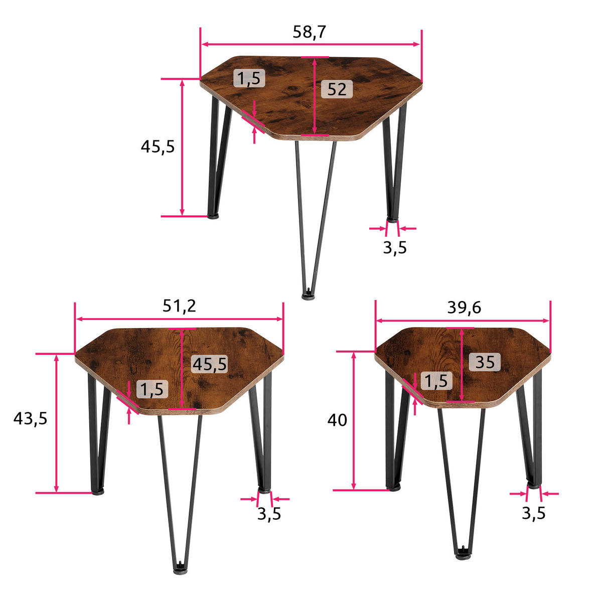 BEISTELLTISCH-SET Torquay,stapelbar,Industrial Holz dunkel, rustikal - Rostfarben, Holzwerkstoff (58.7/52/45.5cm) - tectake