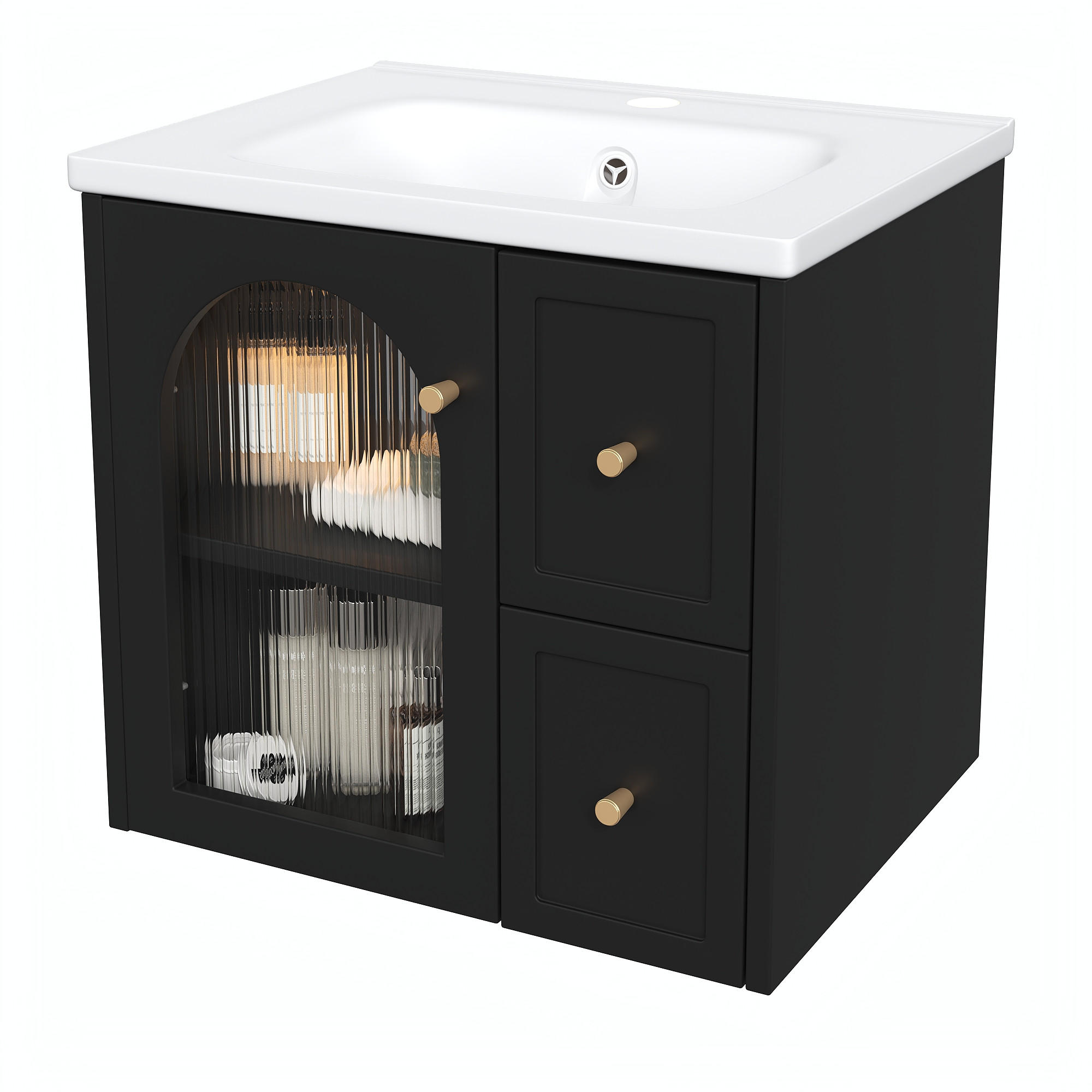 WASCHBECKENUNTERSCHRANK Keramik LED Glastür Soft-Close - Schwarz, Holzwerkstoff (60.5/57/47.5cm) - FLIEKS