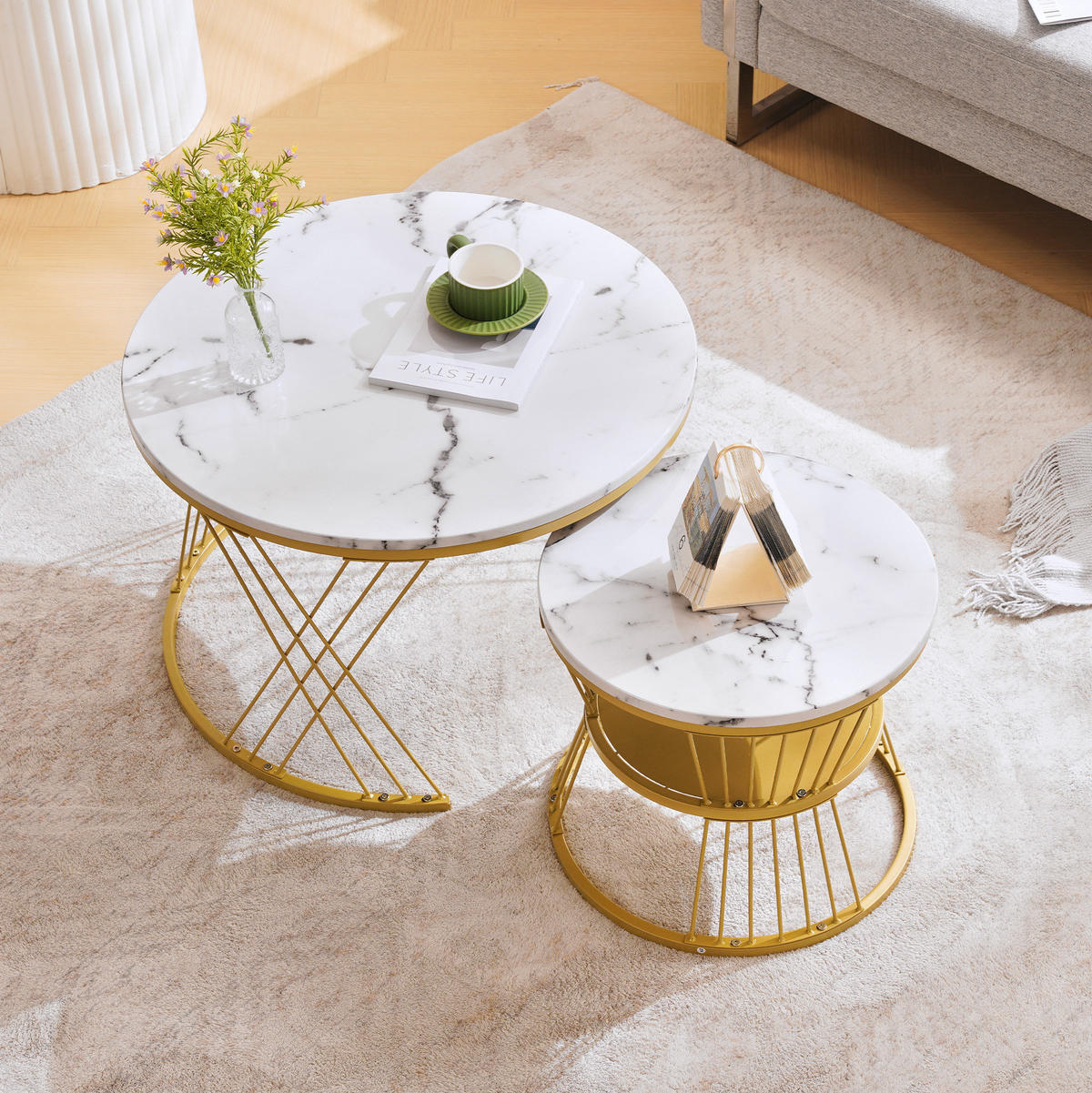 COUCHTISCH Nesting 70/45 cm Weiß Goldoptik 2er-Set - Weiß, Metall (70/70/45cm) - Meubliv