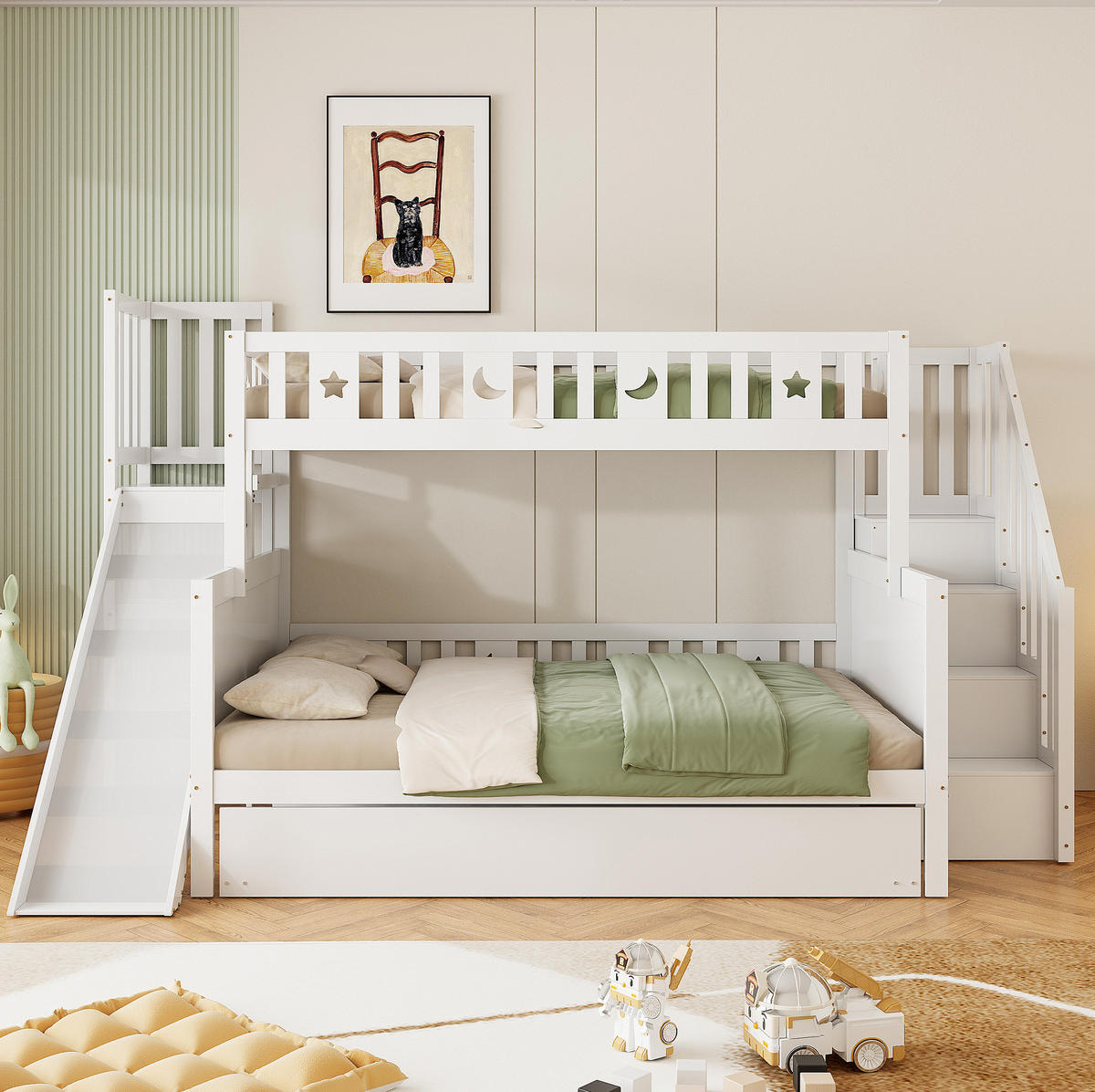 ETAGENBETT 90/200 & 140/200 cm mit Rutsche, Leiter, Ausziehbett und Stauraum, Weiß - Weiß, Holzwerkstoff (90/200cm) - Redom