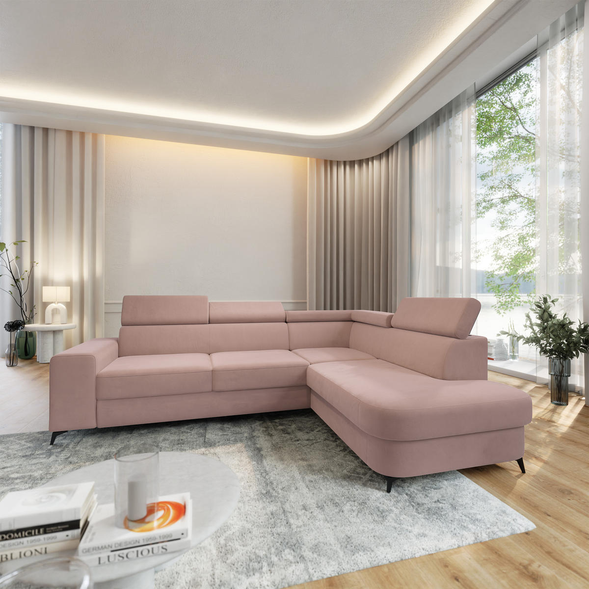ECKSOFA ALVORO R-S Rosa Velours-Stoff mit Schlaffunktion - Rosa, Holz (253/190cm) - MASSENO