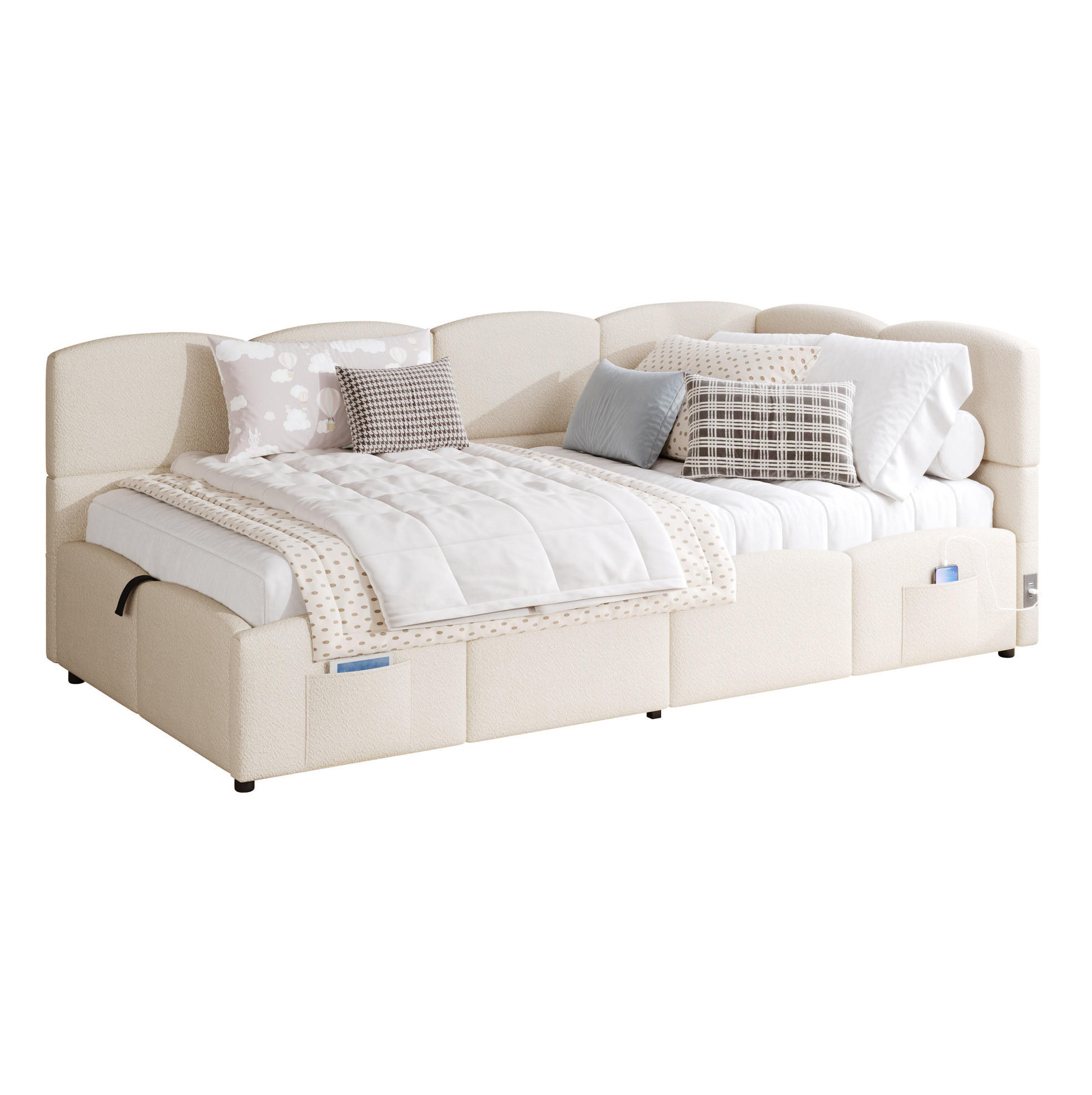 POLSTERBETT 90/200 cm mit hydraulischem Stauraum, USB-A/USB-C, Stautaschen und Bouclé-Bezug, Beige - Beige, Textil (90/200cm) - Redom