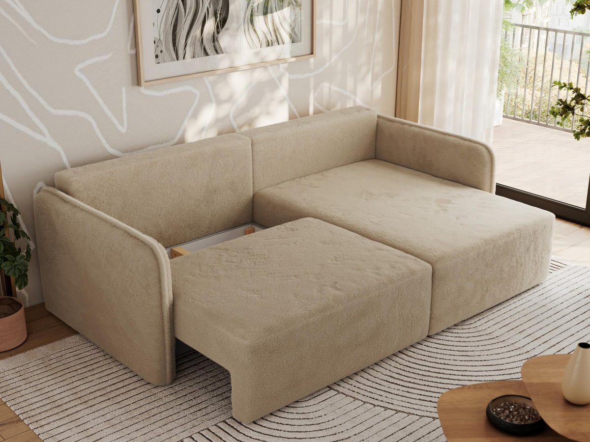 ECKSCHLAFSOFA MESTO L Beige Plüsch - rechts - Beige/Schwarz, Kunststoff/Textil (147/227cm) - MKS