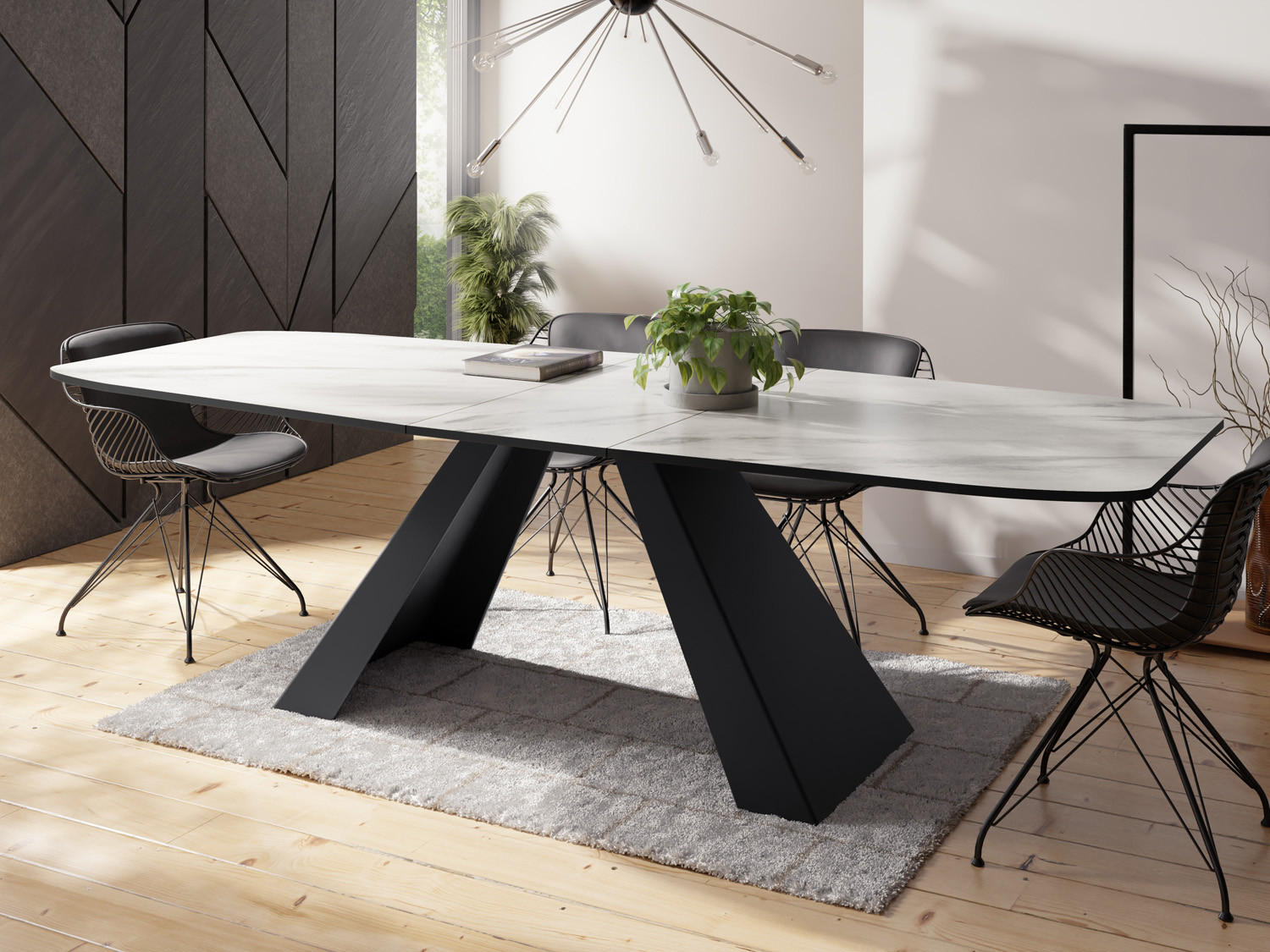 ESSTISCH Monte rechteckig ausziehbar, Marmor Weiß 180-220/90/76 cm - Ecru/Schwarz, Holzwerkstoff/Metall (180/90/76cm) - WFL GROUP