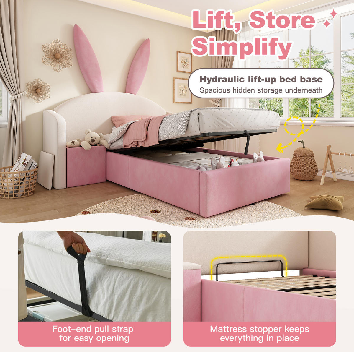 KINDERBETT mit Stauraum 90/200 cm mit hydraulischem Stauraum und Nachttisch, ohne Matratze - Pink, Textil (90/200cm) - MIVRAY