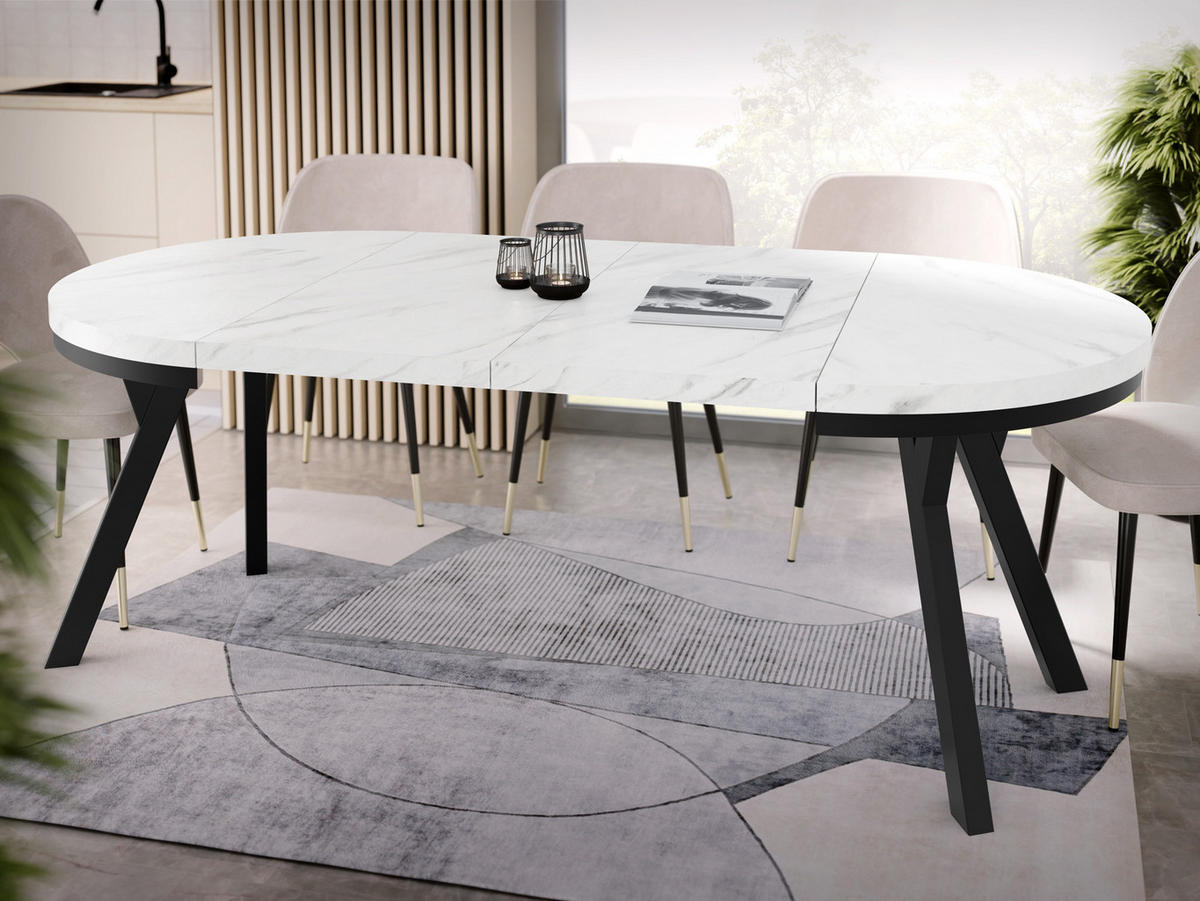 ESSTISCH Lume runder ausziehbarer, Weißer Marmor 100-200/100/76 cm - Ecru/Schwarz, Holz/Holzwerkstoff (100/100/76cm) - WFL GROUP