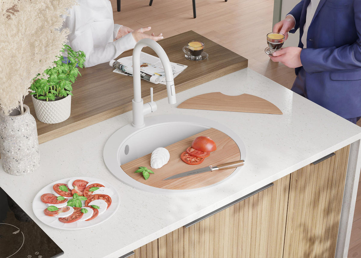 GRANITSPÜLE Pisa Max, 2-er set Weiß 53/53 cm 1 Becken + Küchenarmatur 32/20 cm + Ablauf-Set + Schneidebrett ab 50er Unterschrank - Chromfarben/Beige, Kunststoff (53/20/53cm) - Primagran