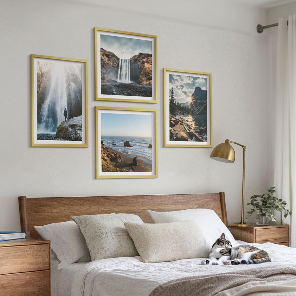 WANDBILDER 4er Set - 50x50 cm & 40x60 cm Goldrahmen - Wasserfälle, Berge, Landschaften, Natur - Goldfarben, Kunststoff (50/50cm) - ArtPrintCave