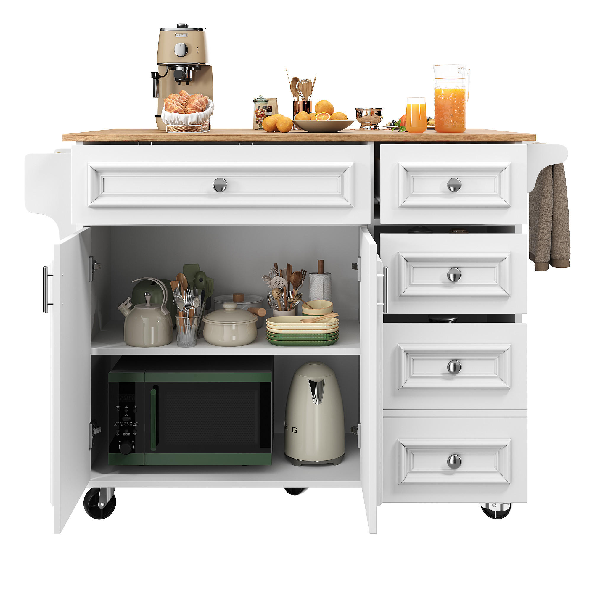 STILVORA KUCHYŇSKÝ OSTRŮVEK v bílé barvě se sklopnou deskou a úložným prostorem, 110×45-75×92 cm