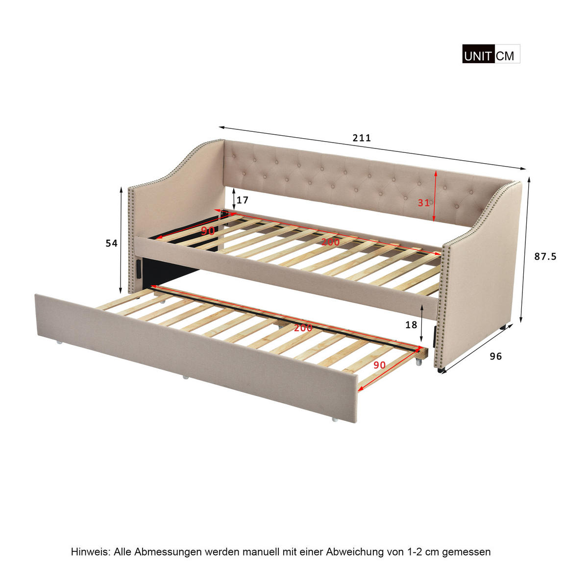POLSTERBETT 90x200 cm ausziehbar Leinen Kinder grau - Beige, Holz (90/200cm) - Fortuna Lai