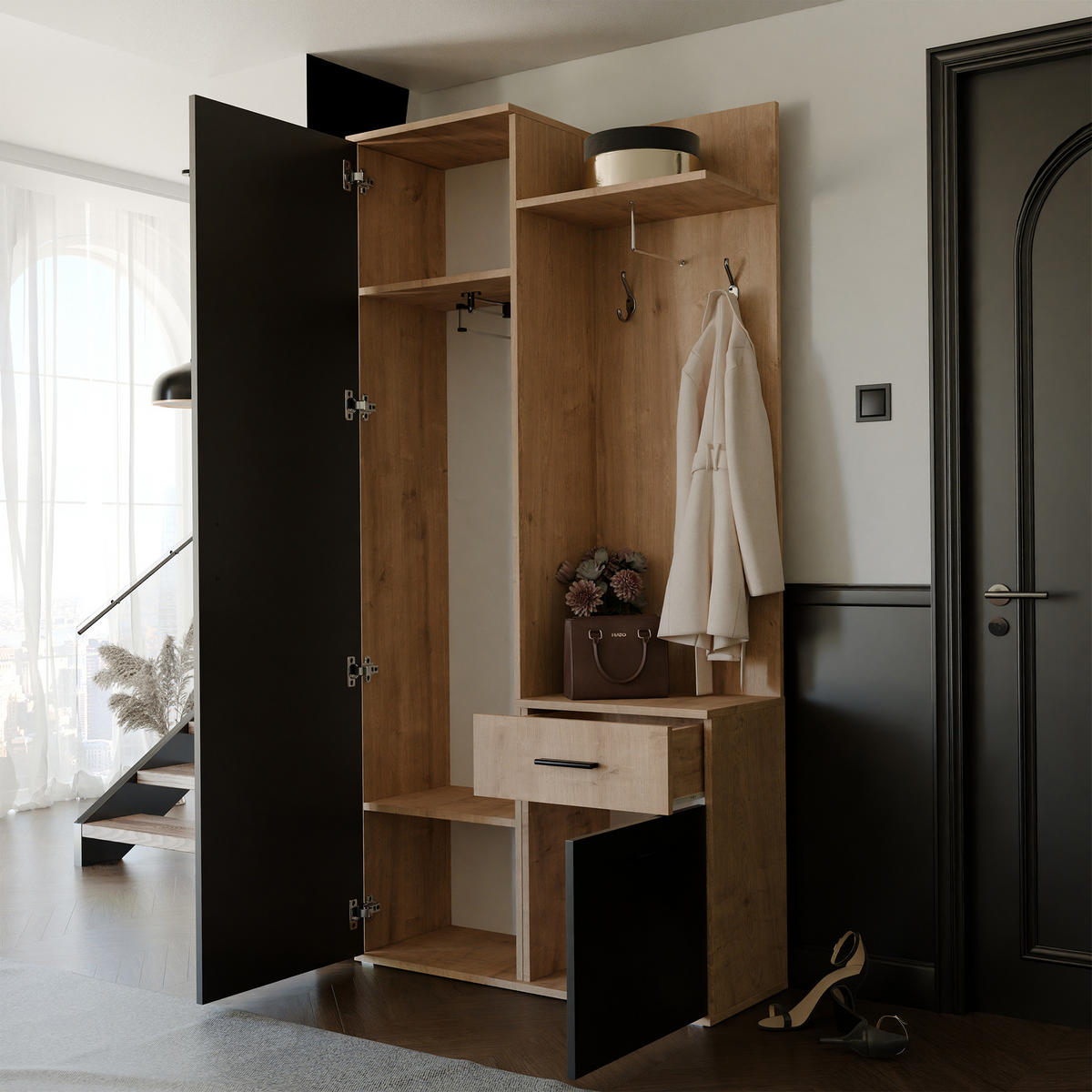 GARDEROBENSCHRANK mit Spiegel-mit Ablagen und Kleiderstange - Schwarz/Braun, Holzwerkstoff (97/195/30cm) - Idohome