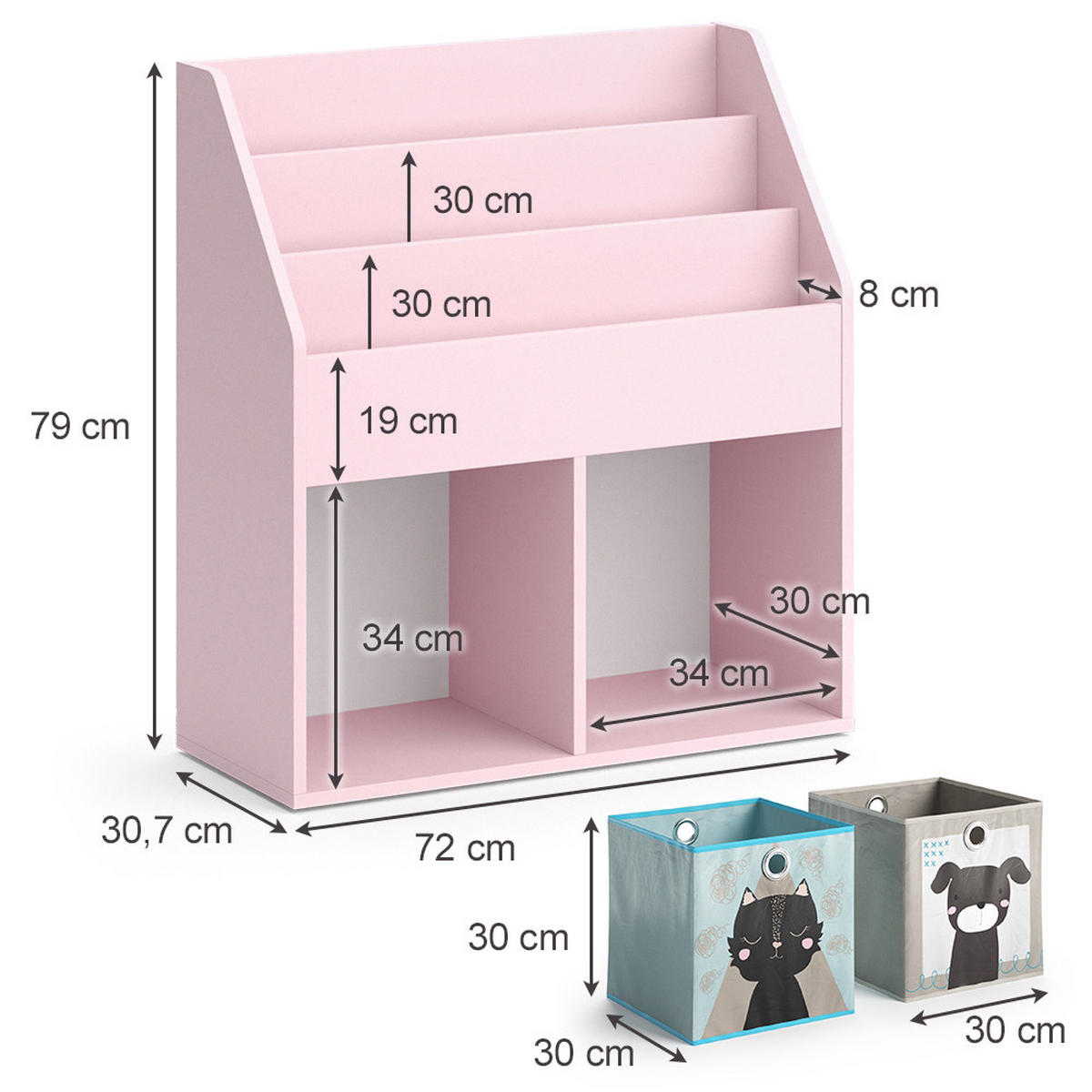 KINDERREGAL Luigi Rosa 72 x 79 cm mit 2 Faltboxen (Hund, Katze) - Pink, Holzwerkstoff (72/79/30.7cm) - Vicco