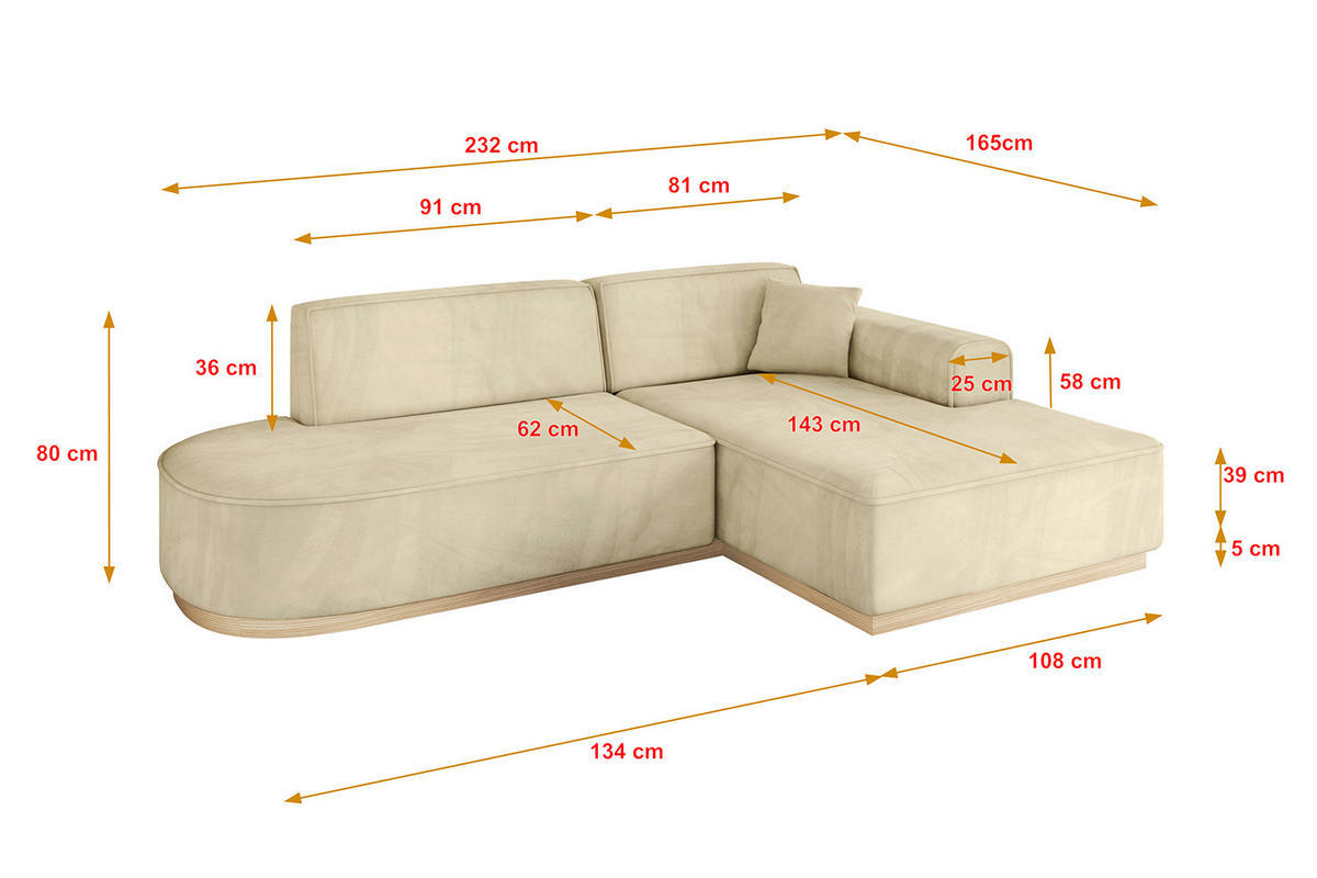 ECKSOFA Ottomane Rechts IREA-L1 - 232x165x80 cm Beige - Taupe, Holzwerkstoff/Textil (232/165cm) - ALTDECOR