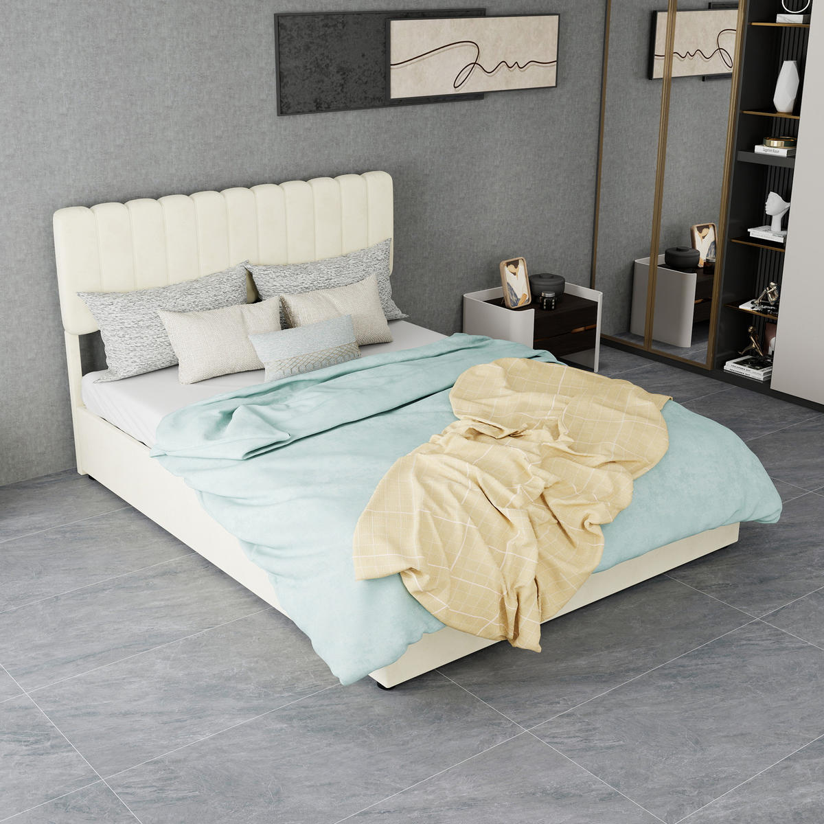 POLSTERBETT 140/200 cm in Beige Samt mit Kopfteil - Modern entspannen - Beige, Holzwerkstoff/Textil (140/200cm) - STILVORA