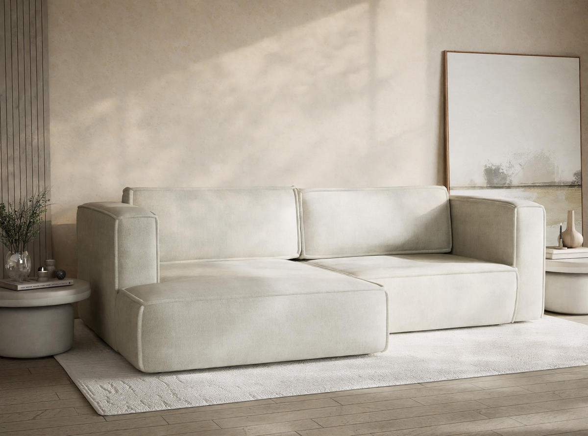 ECKSOFA MIT SCHLAFFUNKTION Velto Creme Webstoff - Creme/Schwarz, Holz/Holzwerkstoff (152/250cm) - Maison de Reve