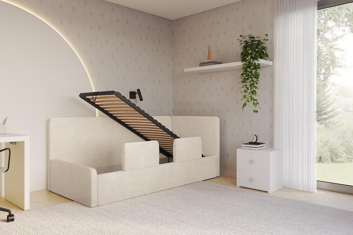 EINZELLBETT Jugendbett mit Bettkasten und Matratze H3/H4, Links - NORY 90x200 Beige - Creme, Holzwerkstoff/Textil (90/200cm) - ALTDECOR