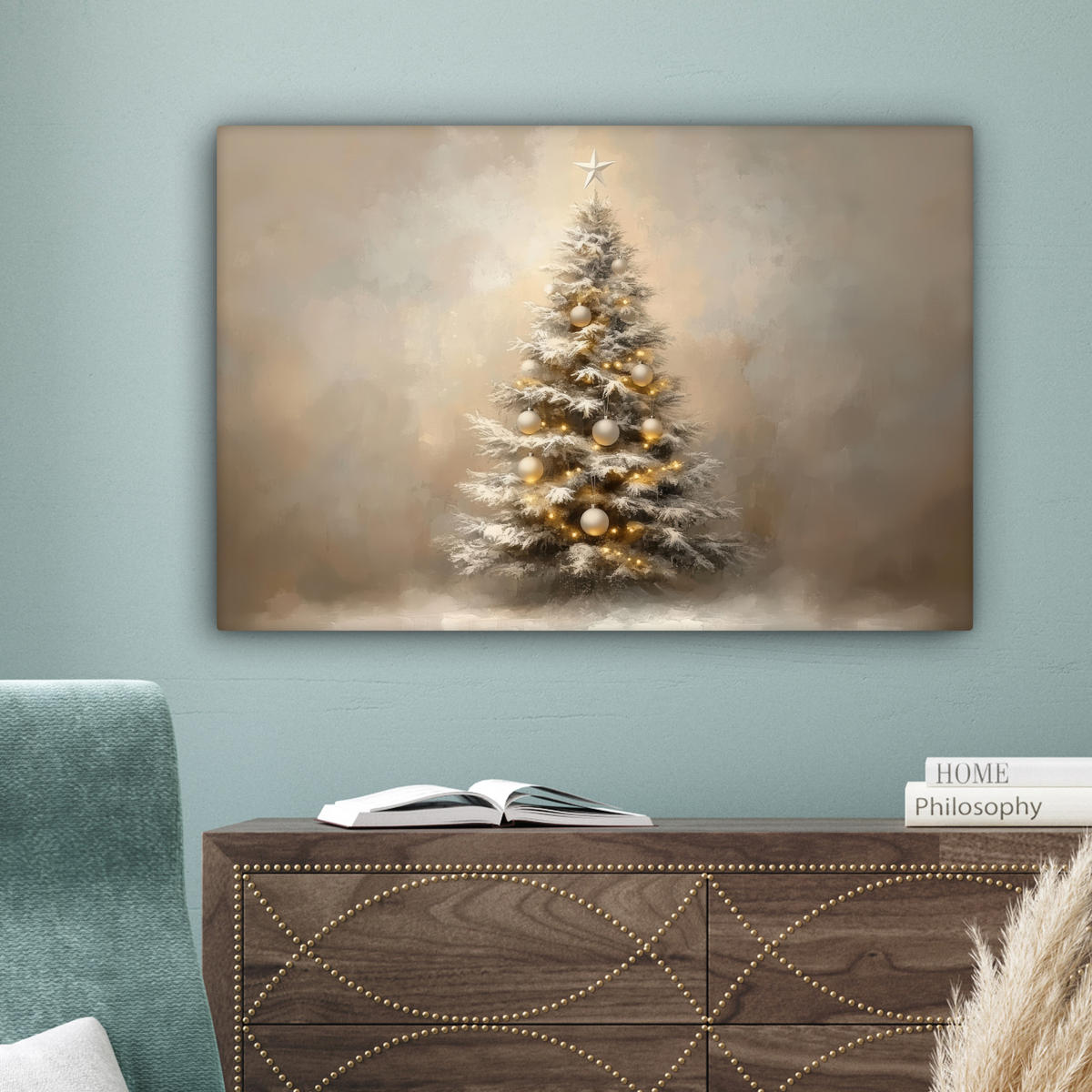 LEINWANDBILD Weihnachten - Weihnachtsbaum - Schnee - Kunst Wanddeko 90x60 cm - Champagner, Textil (90/60cm) - MuchoWow