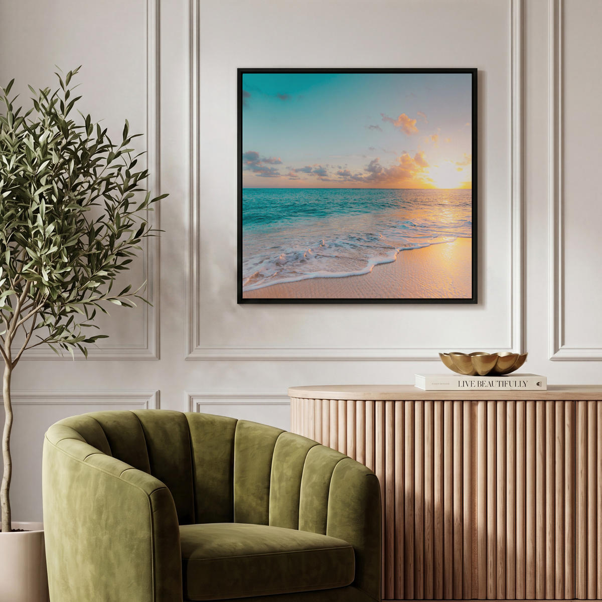 LEINWAND Bilder mit Rahmen - Sonnenuntergang - Strand - Meer - Sommer - Blau - 50x50 - Multicolor, Textil (50/50cm) - MuchoWow