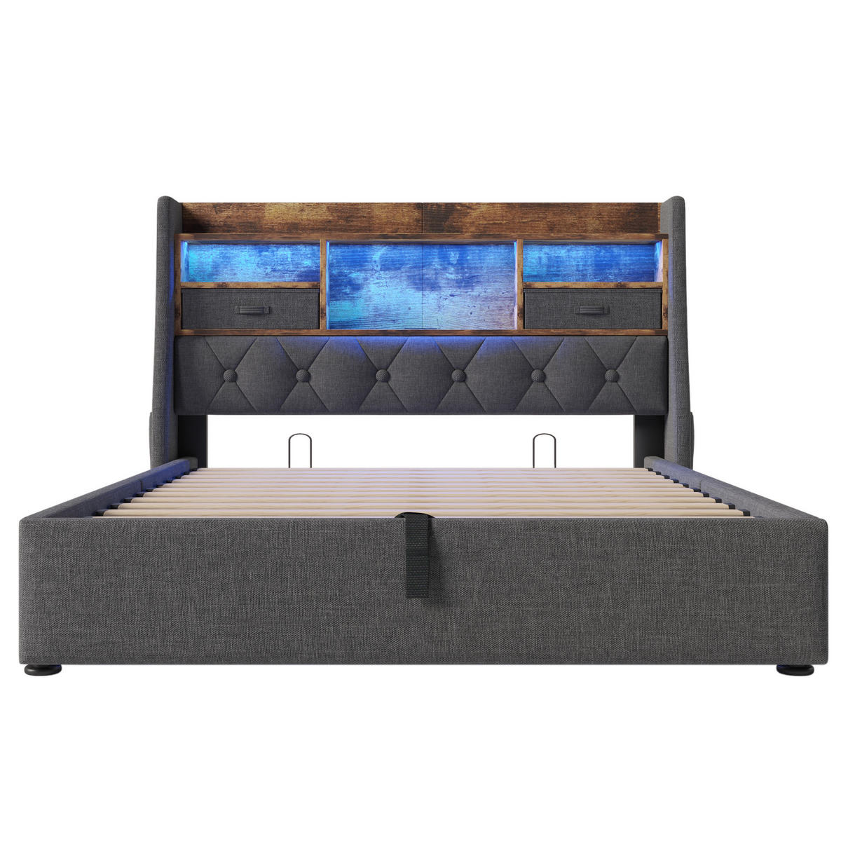 POLSTERBETT 160/200 cm Grauer Leinenstoff mit Hydraulischem Stauraum und LED-Beleuchtung - Grau, Textil (160/200cm) - OKWISH