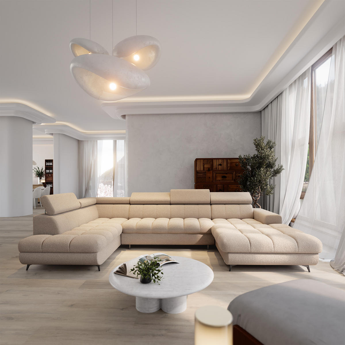 WOHNLANDSCHAFT CORENO Beige Boucle-Stoff mit Schlaffunktion - Beige, Holz (345/88/190cm) - MASSENO