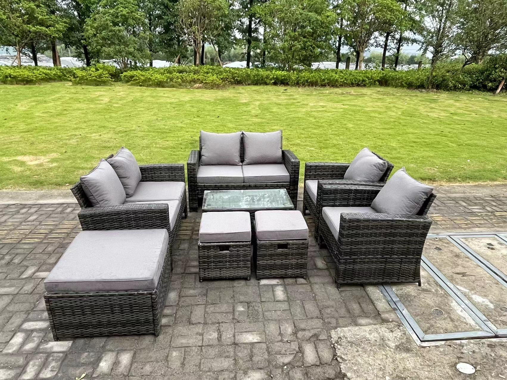 GARTENSOFA SET mit Couchtisch Polyrattan Dunkelgrau 9-Sitzer - Dunkelgrau, Metall - Fimous