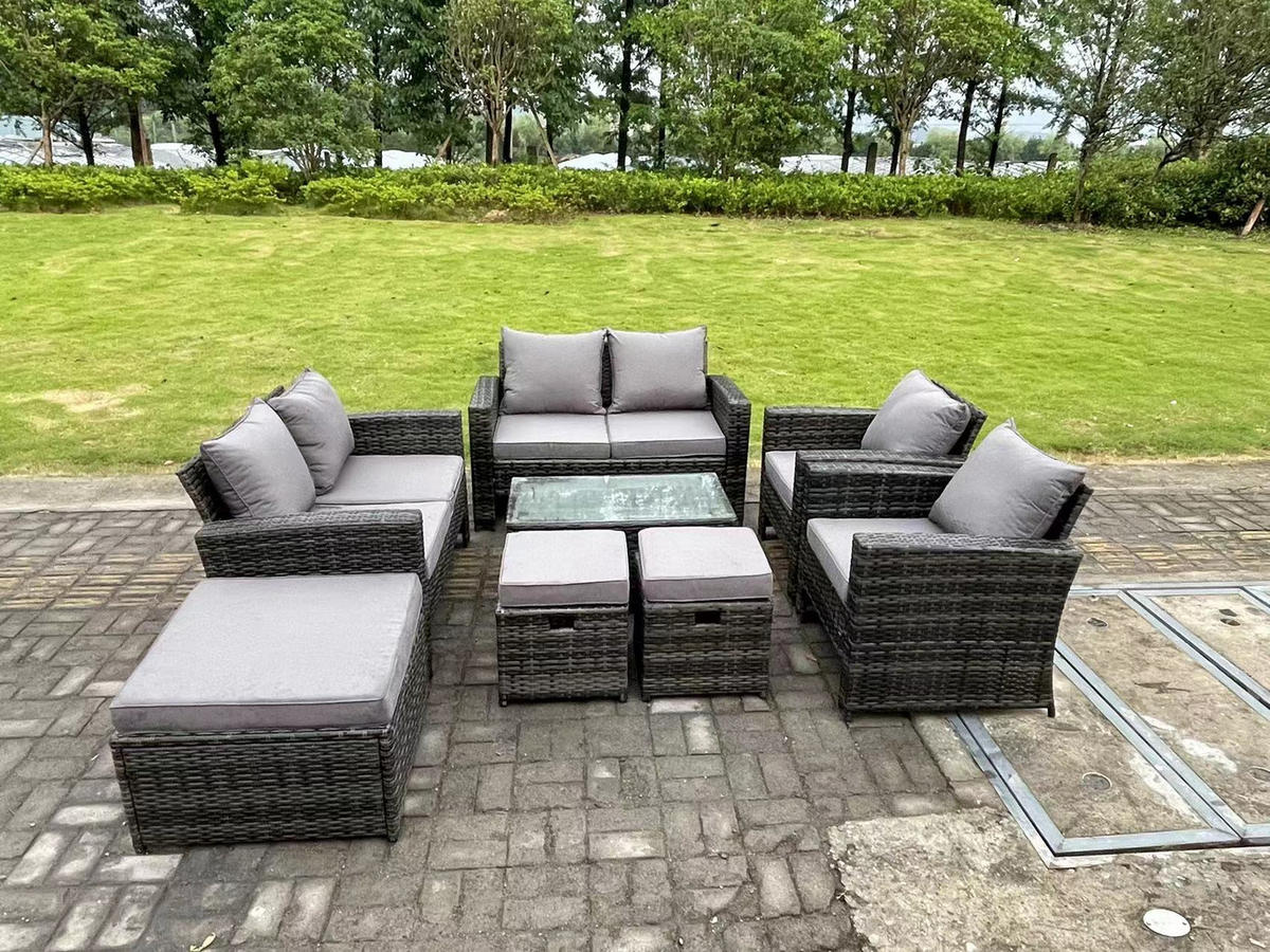 GARTENSOFA SET mit Couchtisch Polyrattan Dunkelgrau 9-Sitzer - Dunkelgrau, Metall - Fimous