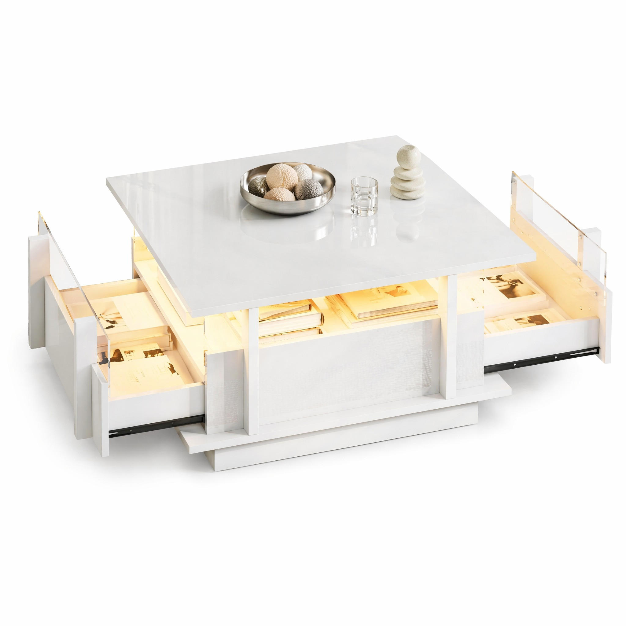 COUCHTISCH in Weiß Sofatisch Hochglanz mit 2 Schubladen, LED & Acryl-Trennwand, Sofatisch für Wohnzimmer,B70/T70/H35cm - Weiß, Holzwerkstoff/Metall (70/70/35cm) - STILVORA