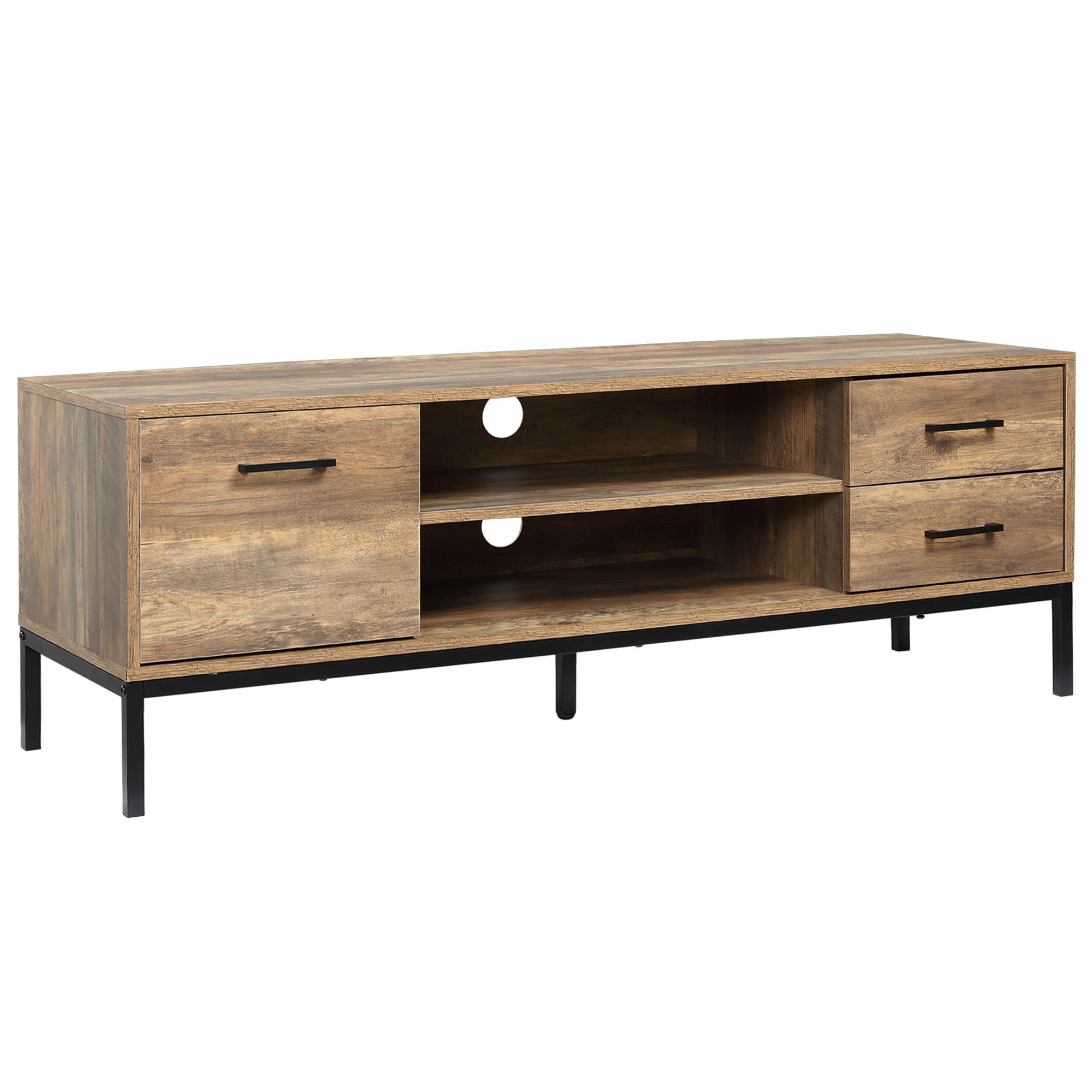 TV-BANK Braun/Schwarz 132/39/45,5 cm, 2 Schubladen, 1 Tür, Metallgestell - Braun, Holzwerkstoff (132/45.5/39cm) - PANGIVO