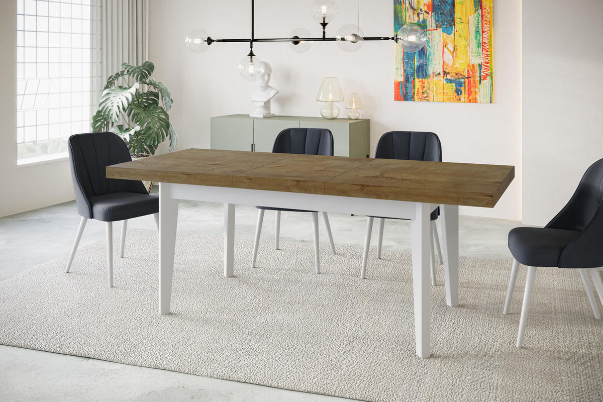 ESSZIMMERTISCH SKANDI, ausziehbarer Tisch: 120-160X80X78 cm, Farbe: LEFKAS, mit Holzbeinen in Farbe Weiß - Dunkelbraun/Weiß, Holzwerkstoff (120/80/78cm) - Alpi-Möbel