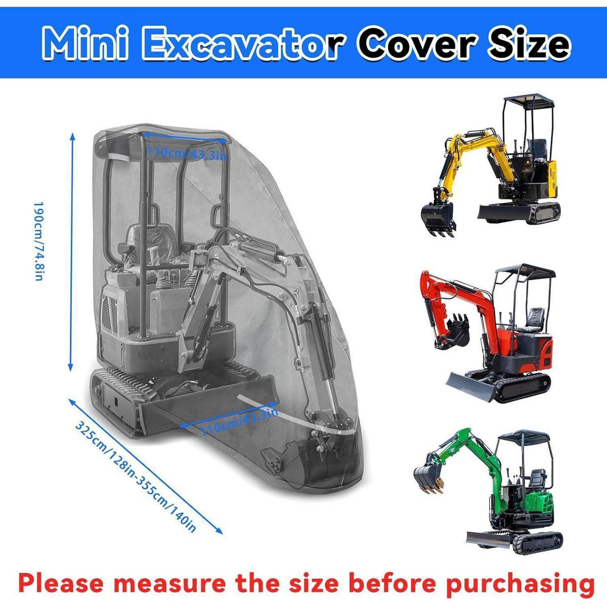 MINIBAGGER Abdeckplane 420D Oxford Schwarz für 800-1600kg - Schwarz, Textil (355/110/190cm)