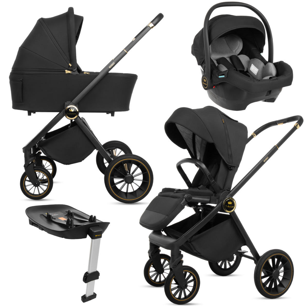KINDERWAGEN Rosso 4in1 Schwarz Babywanne, Reisebuggy, Autositz, Isofix Basis - Schwarz, Textil/Metall (58/98cm) - BabyLux