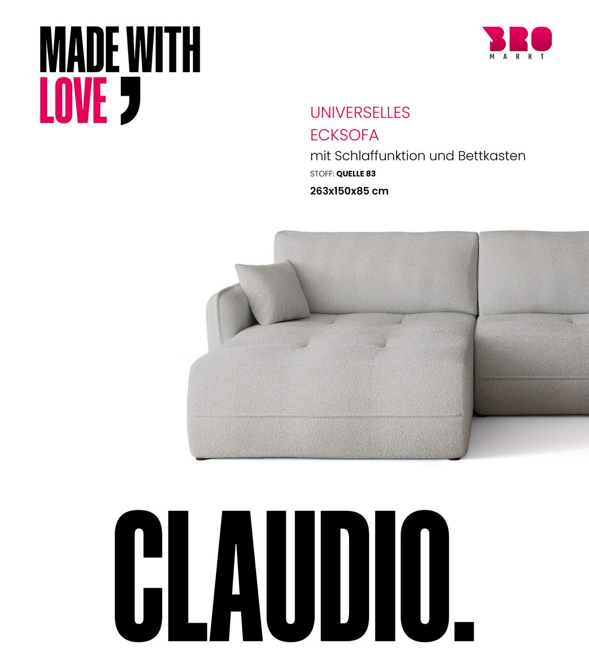 ECKSOFA CLAUDIO mit Schlaffunktion Grau - Grau, Textil (263/150cm) - Bromarkt