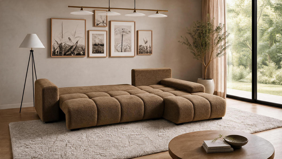 ECKSOFA Ovia mit Bettkasten und Schlaffunktion, Bouclé-Stoff in L-Form - Braun, Textil (270/185cm)
