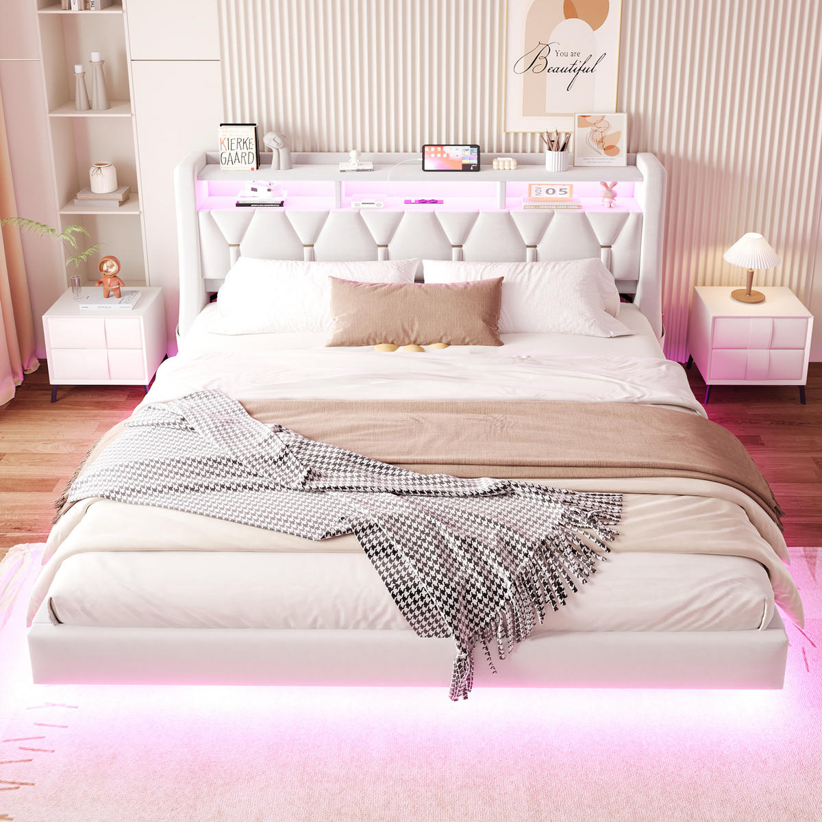 POLSTERBETT 180/200 cm in Beige mit LED, USB, Type-C und Ablage Samt - Beige, Holzwerkstoff/Textil (180/200cm) - STILVORA