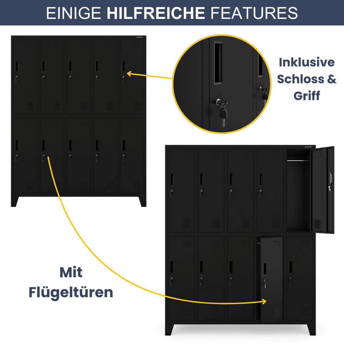 UMKLEIDESCHRANK Spind BERLIN 10 Abteile 172x136x45cm Schwarz - Schwarz, Metall (136/172/45cm) - DELUKE