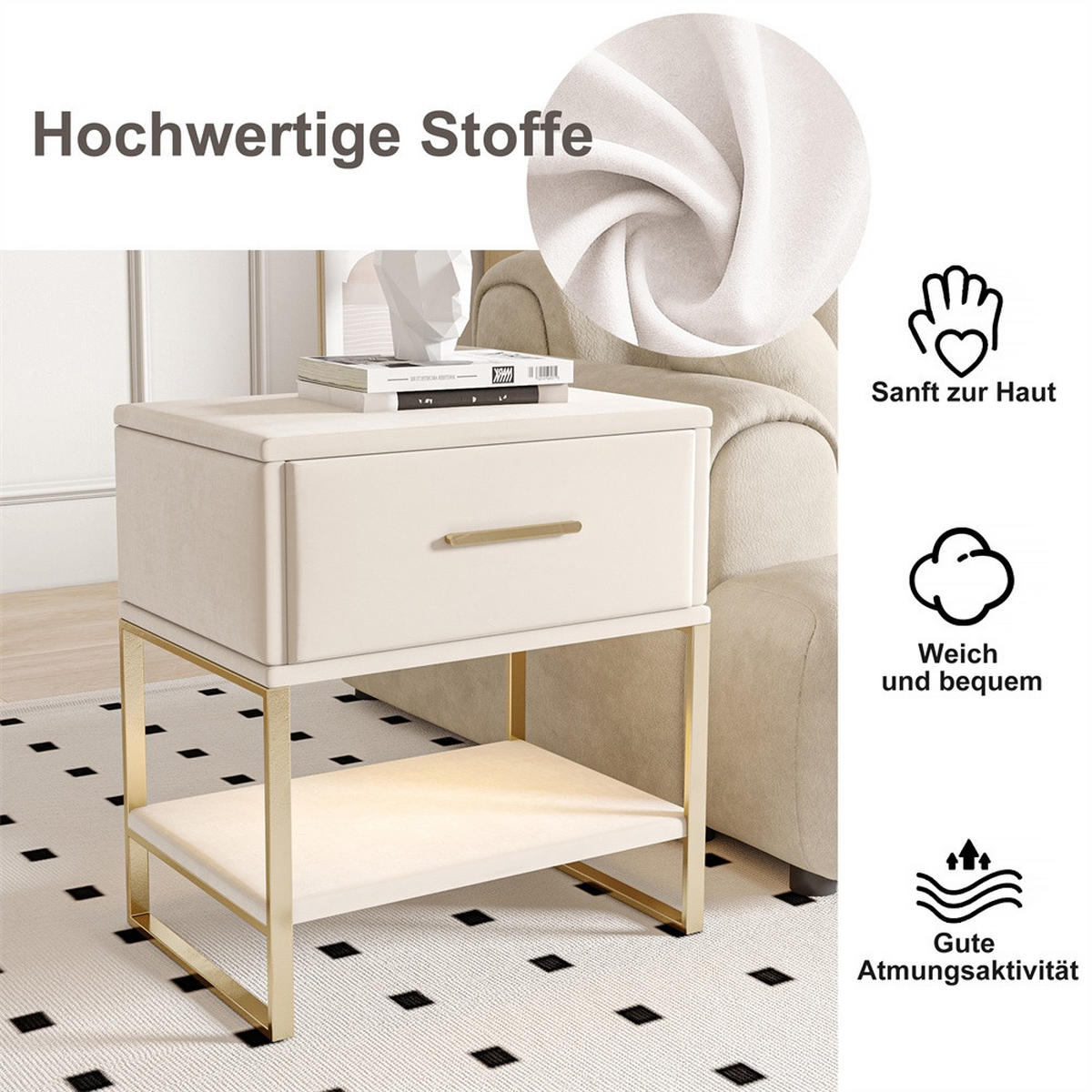 NACHTTISCH mit LED-Beleuchtung - 1 Schublade & Offenem Fach - Samtbezug & Goldene Beine - 2er Set - Beige - Weiß, Textil (40/50/31cm) - DELFA