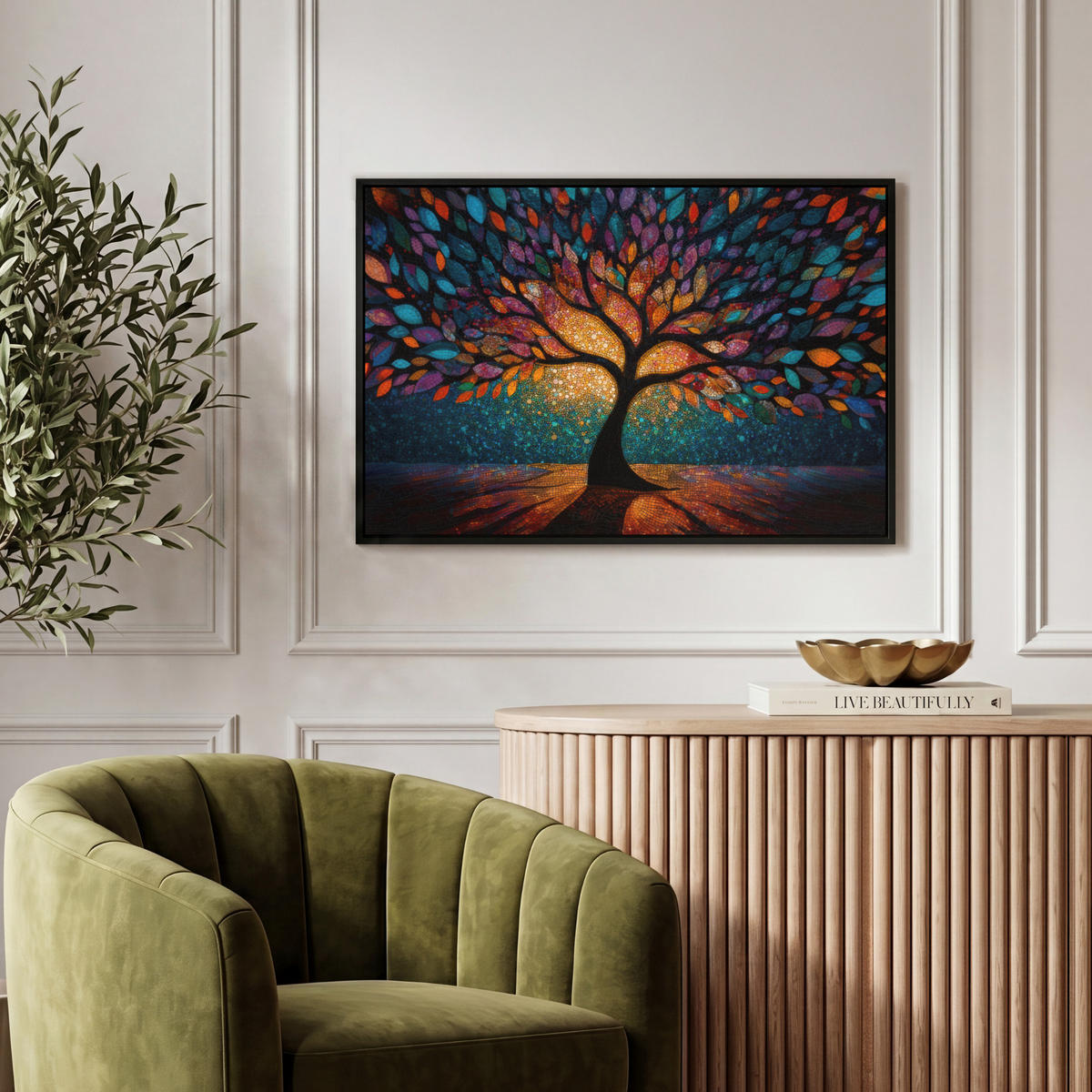 LEINWAND Bilder mit Rahmen - Mosaik - Bunt - Baum - Äste - 60x40 - Multicolor, Textil (60/40cm) - MuchoWow