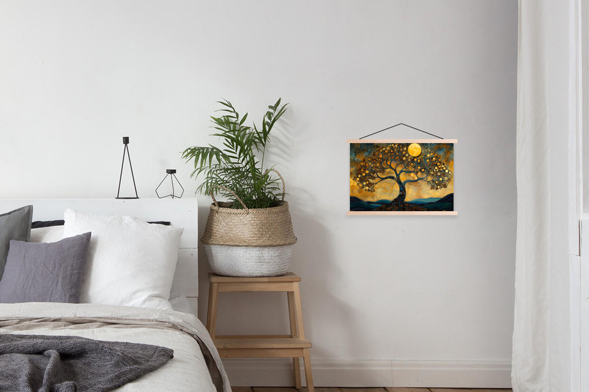 POSTER Baum - Mond - Blumen - Gold - Kunst 60x40 cm - Orange, Textil (60/40/0.15cm) - MuchoWow
