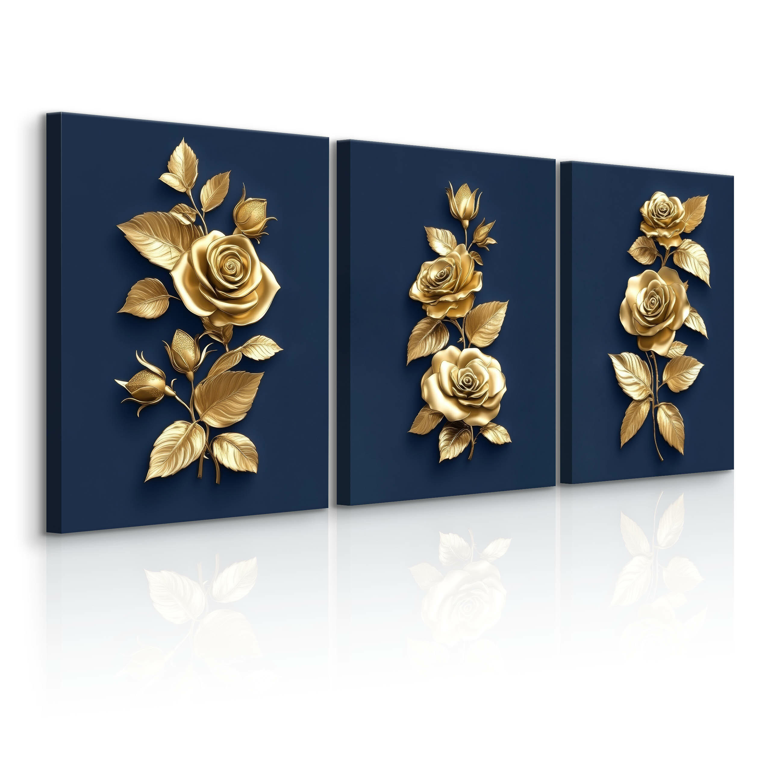 LEINWANDBILDER 3-es Set Rosen Blumen 3D - Blau, Textil (90/40cm) - Muralo