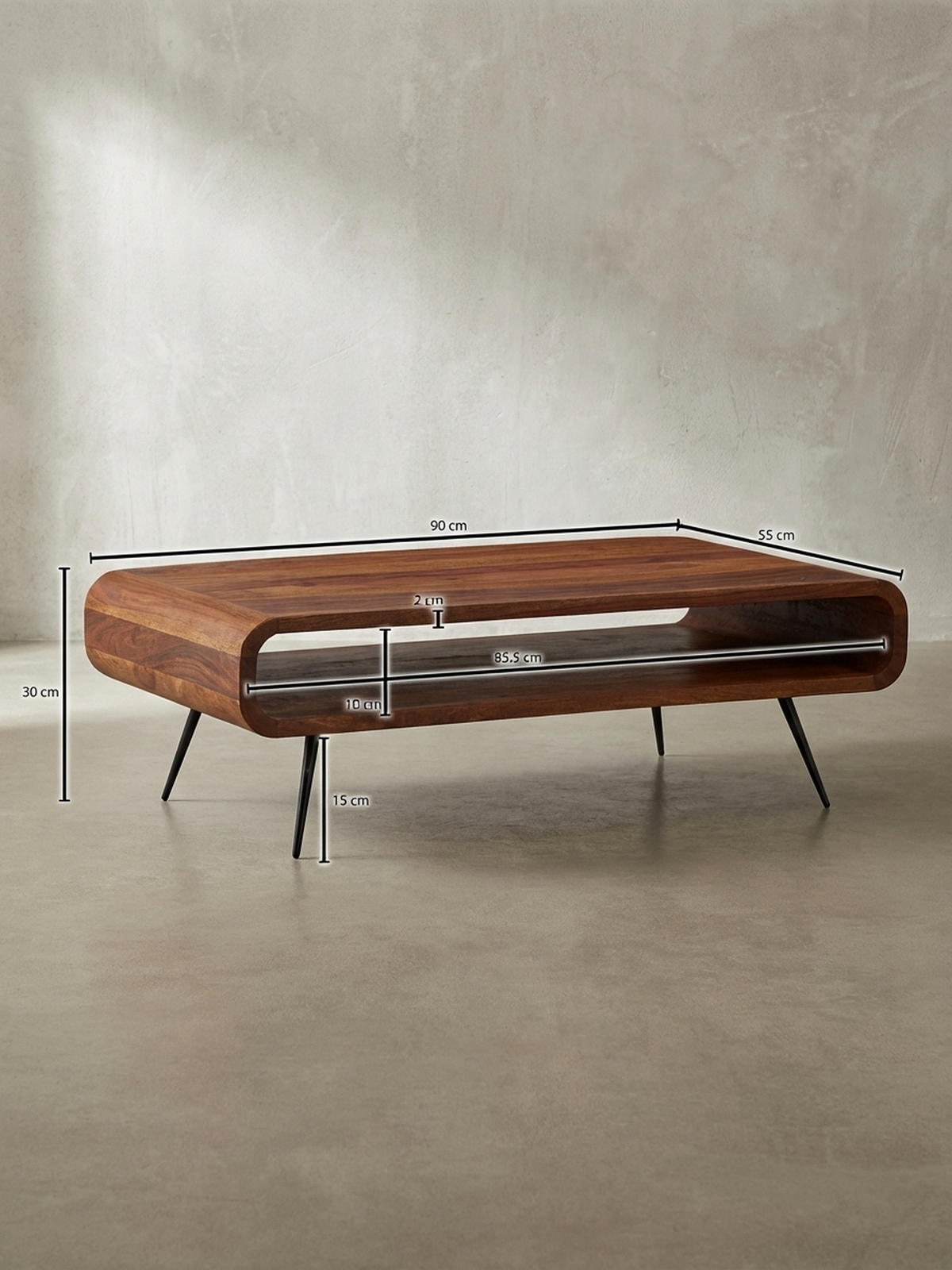 WOHNZIMMERTISCH Massivholz Sheesham, Modernes Design mit Staufach - Schwarz/Braun, Holz/Metall (55/90/30cm) - KADIMA DESIGN