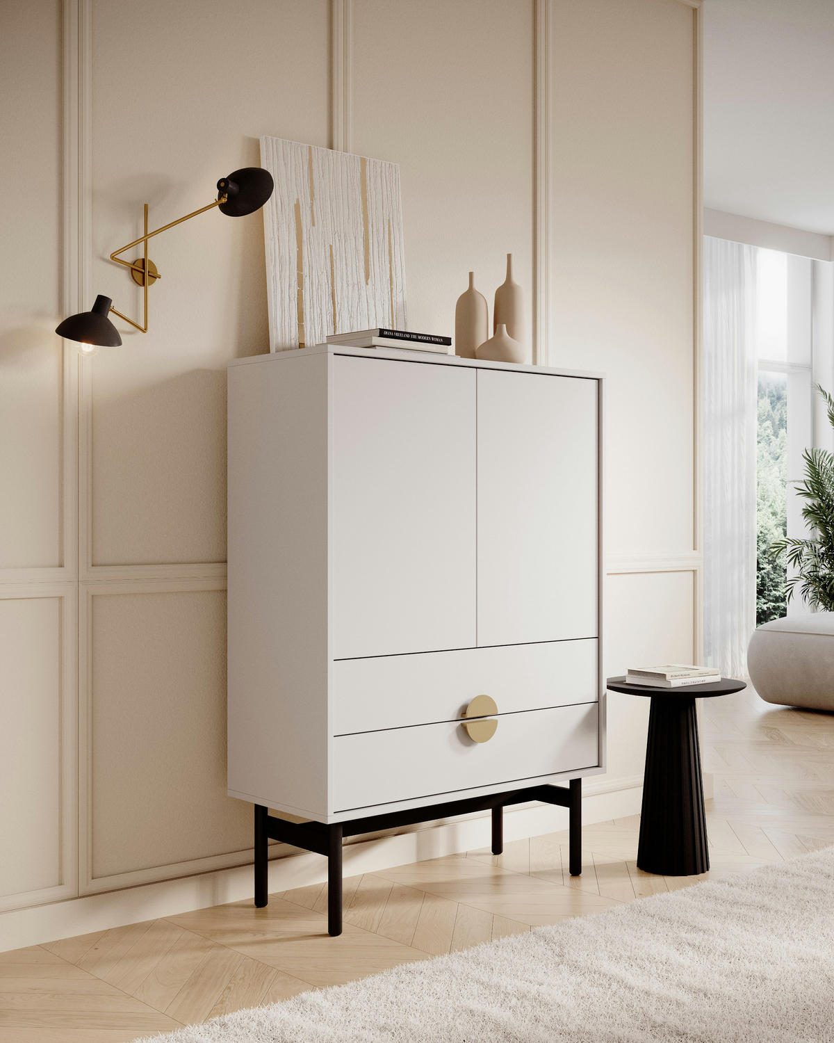 HIGHBOARD Stoon Weiß / Schwarz mit 2 Schubladen 85 cm - Goldfarben/Schwarz, Holzwerkstoff/Metall (85.5/123.7/38cm) - Selsey