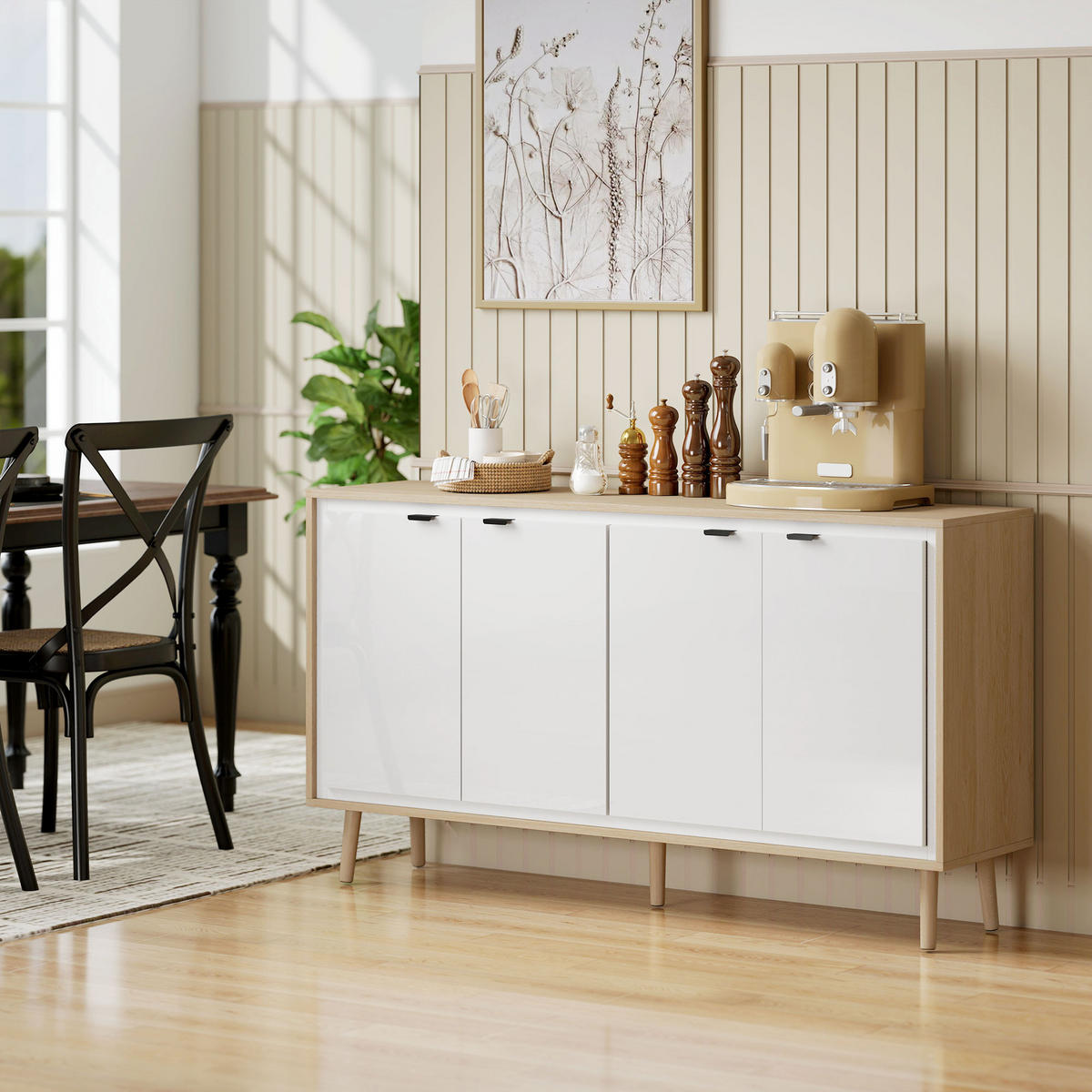 SIDEBOARD DE-11234 Hochglanz, 4 Türen & verstellbare Böden Weiß/Eiche - Weiß, Holzwerkstoff (141/77/35cm) - ComfortXL