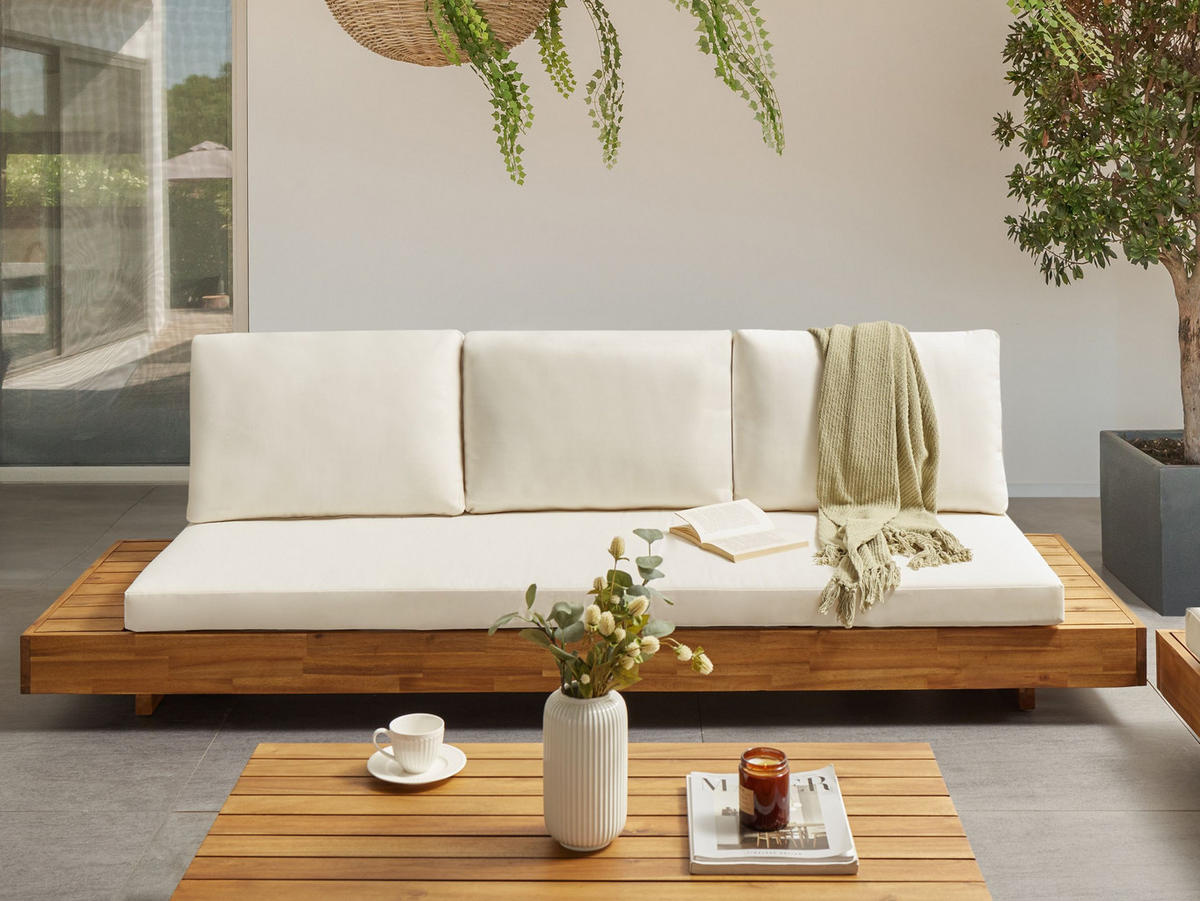 LOUNGESOFA 3-Sitzer Heller Holzfarbton Marettimo - Hellbraun/Weiß, Holz (230/70/68cm) - Beliani