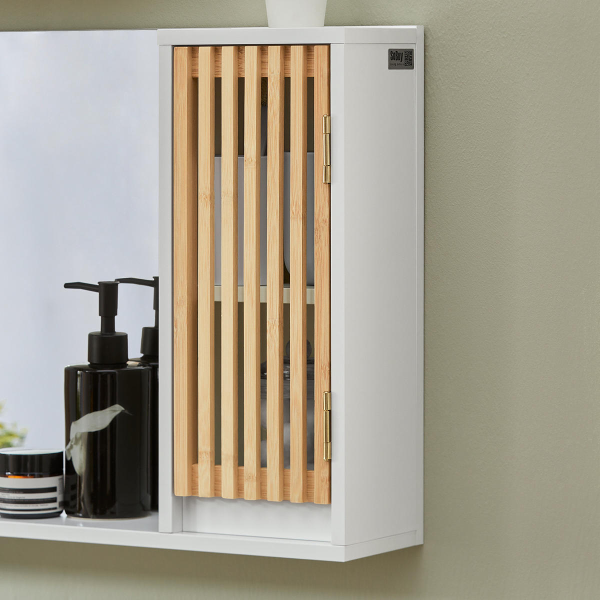 SPIEGELSCHRANK Weiß - Weiß/Naturfarben, Glas/Holz (60/40/12cm) - SoBuy