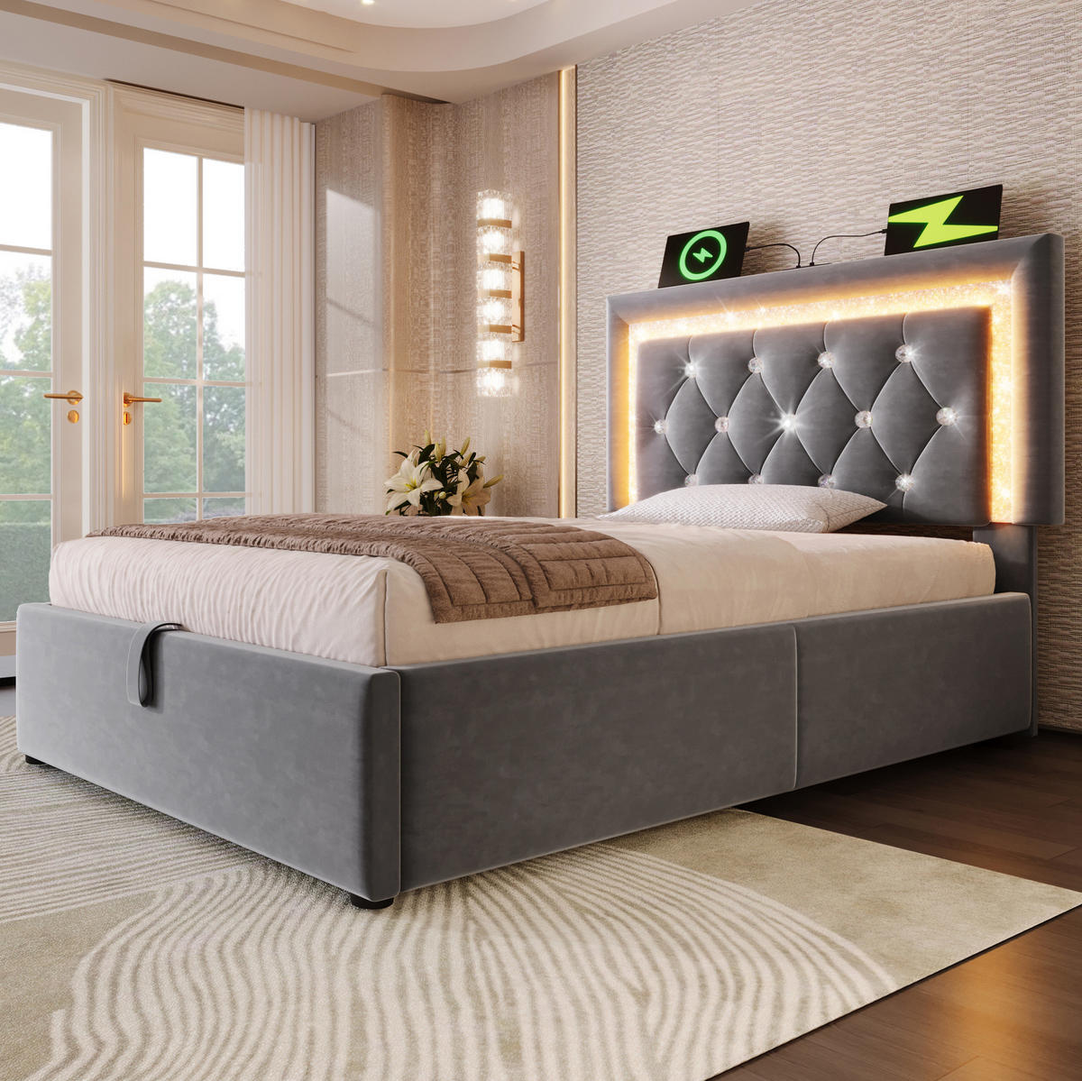 POLSTERBETT Samt 90x200 cm Grau mit Matratze, LED-Beleuchtung, USB- und Type-C-Anschluss - Grau, Textil (90/200cm) - IVMEU