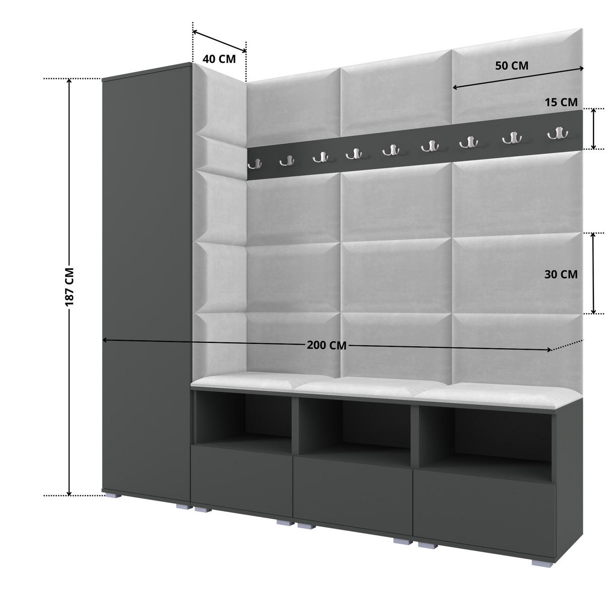 GARDEROBE NELA IX 200 cm (Modulare Flurmöbel Graphit mit Sitzpolster Hellgrau 32 Breite Sitzbank) - Silberfarben/Hellgrau, Holz/Holzwerkstoff (200/187/40cm) - Ravio