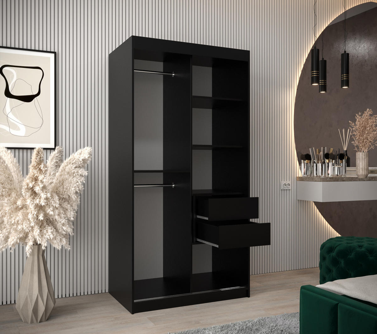 SCHIEBETÜRENSCHRANK - Kleiderschrank MALTESE 100 Schwarz + schubladen - Schwarz, Holzwerkstoff (100/200/62cm) - Möblo