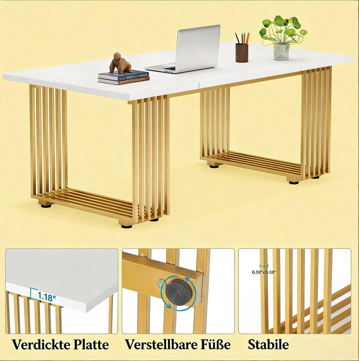 SCHREIBTISCH 180 x 79 x 78 cm Holz Metall White Gold - Weiß, Metall (180/79/79cm) - Meubliv