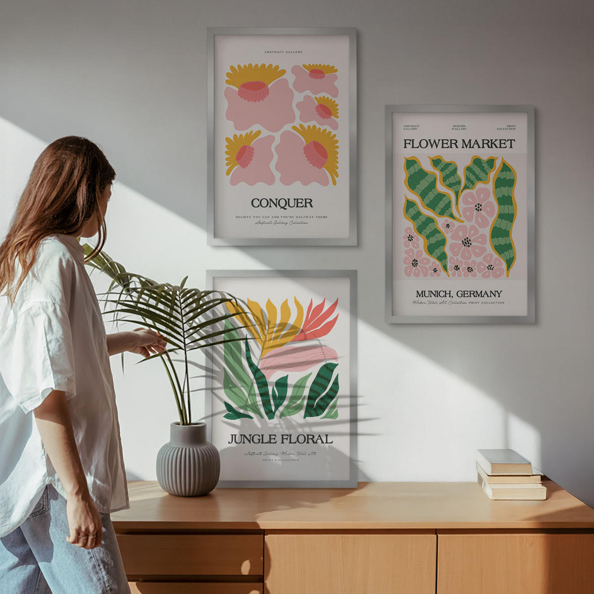 WANDBILDER 3er Set - 40x60 cm Silberner Rahmen - Blumen und Blätter – moderne Poster - Silberfarben, Kunststoff (40/60cm) - ArtPrintCave